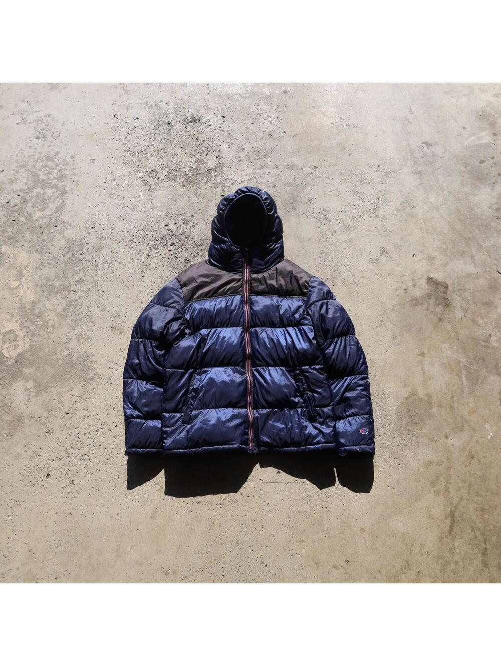 Champion‎ Puffer Jacket Mens Large Navy Black Hooded Full Zip Coat